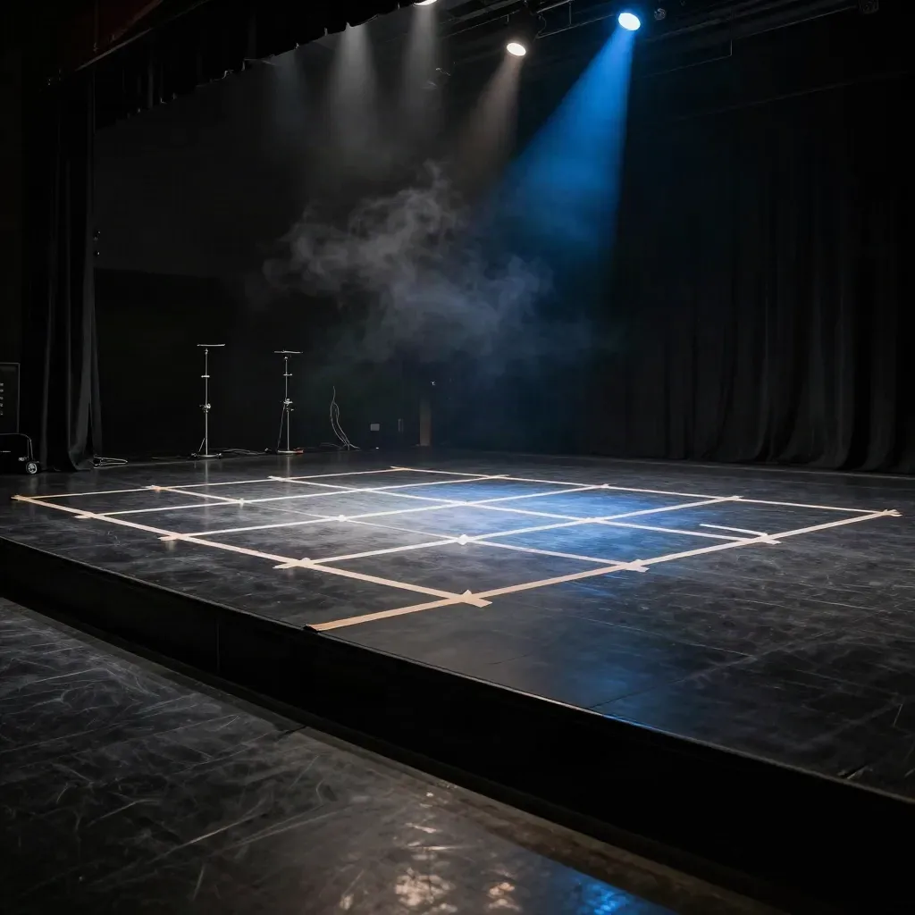 Leeg zwart podium met acht tape-markeringen, zijlicht en nevel voor teamchoreo.