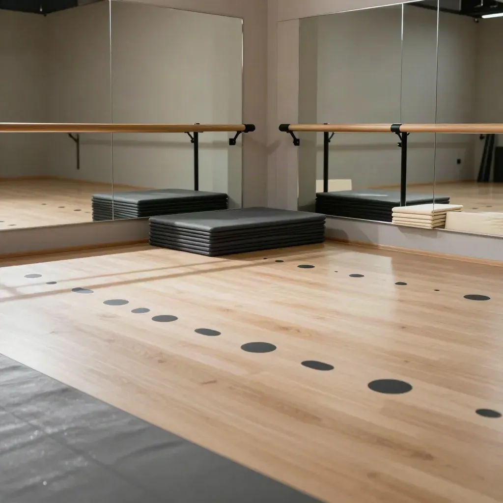 Lege dansstudiohoek met spiegelwand, barre, vloermarkeringen en stapel zachte matten.